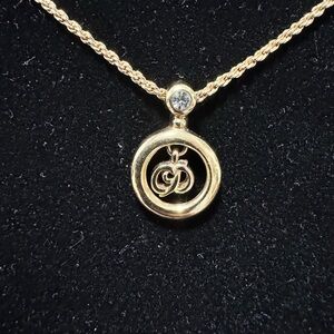 Dior Gold Tone Circular Logo Pendant Necklace with Crystal
